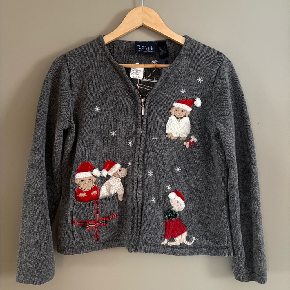 Vintage Christmas Puppies Zip Cardi
